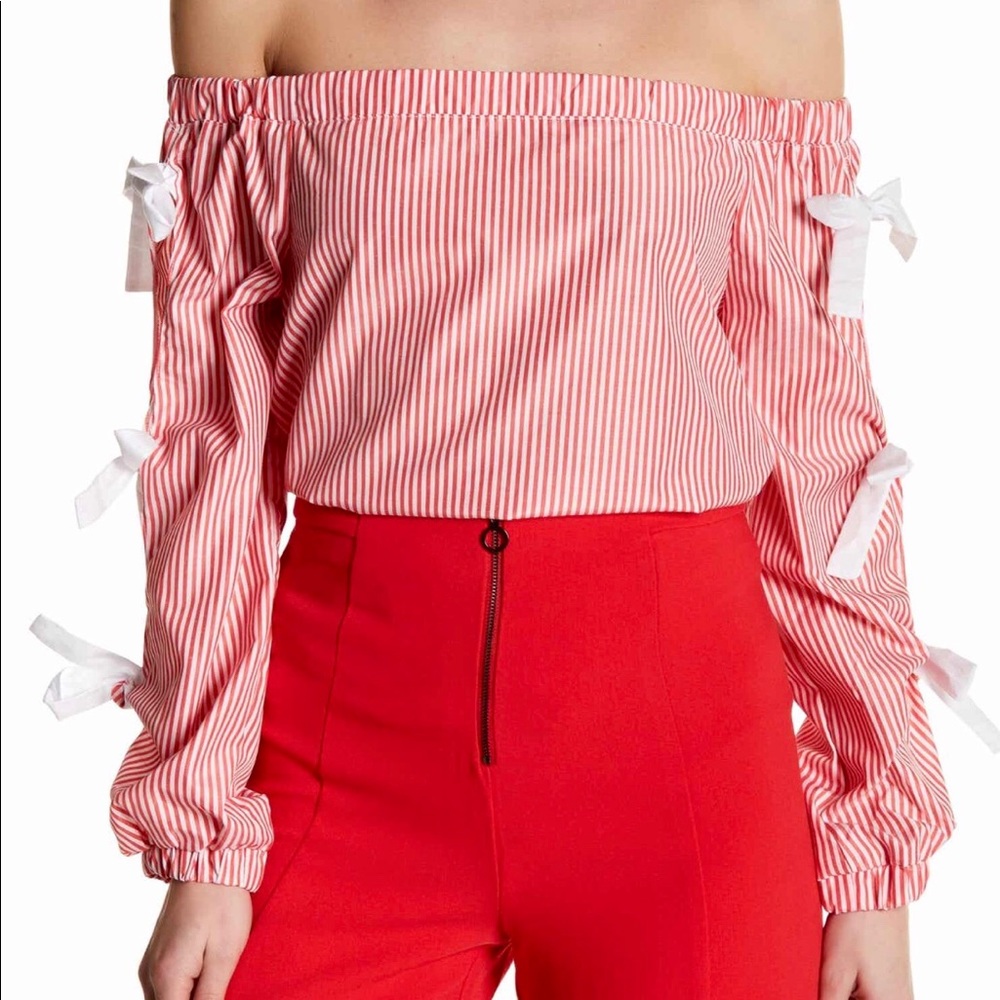 Do+Be Striped Off Shoulder Bow Tied Sleeves Blouse